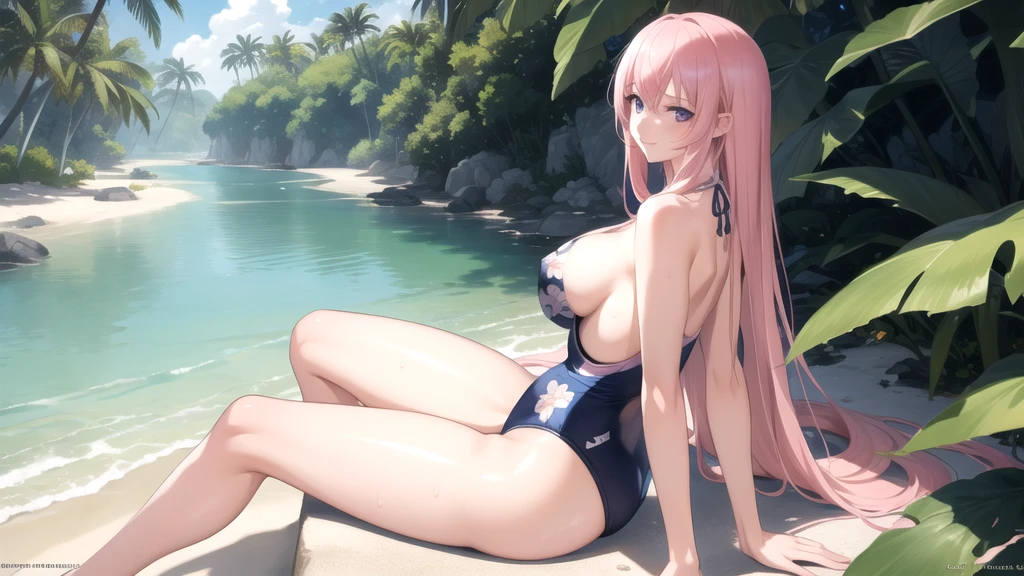 (masterpiece, best quality), amazing, Fine details, realistic, Official art, the Extremely Detailed CG Unity 8K Wallpapers, Masterpiece Portrait, realistic, photo, (1 woman), (1 girl), (solo girl), (perfect woman body), realistic, photo, (beautiful woman faces:0.9), (Captivating anime woman), Beautiful style, (luka megurine), (long pink hair), bright blue eyes, smile, (slender body), (medium breasts:1.1), large , on beach, (botanical print swimsuit:1.3), (random color swimsuit:1.3), closed_mouth, looking at viewer, palm_trees, (sitting under trees:1.2), scenery focus, aerial_view, summer, (beach), nature, daybreak, blue_sky,  horizon, landscape, perfect lighting, aesthetic, wallpaper, scenery, from-side, from behind, high leg swimsuit,