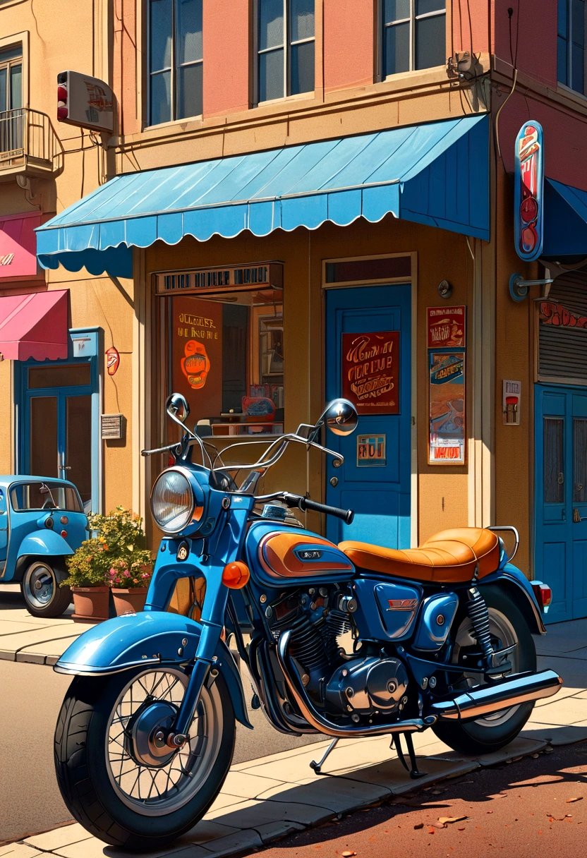 masterpiece, Top quality, best quality, Extremely detailed, Rich HD details, sharp, Saul Wright style, 1980s, Detailed digitally illustrated vintage poster, Inspired by Lubin Baugin, A blue motorcycle parked in front of a building, (((No humans))), High contrast, Bright colors, Vague, Warm colors