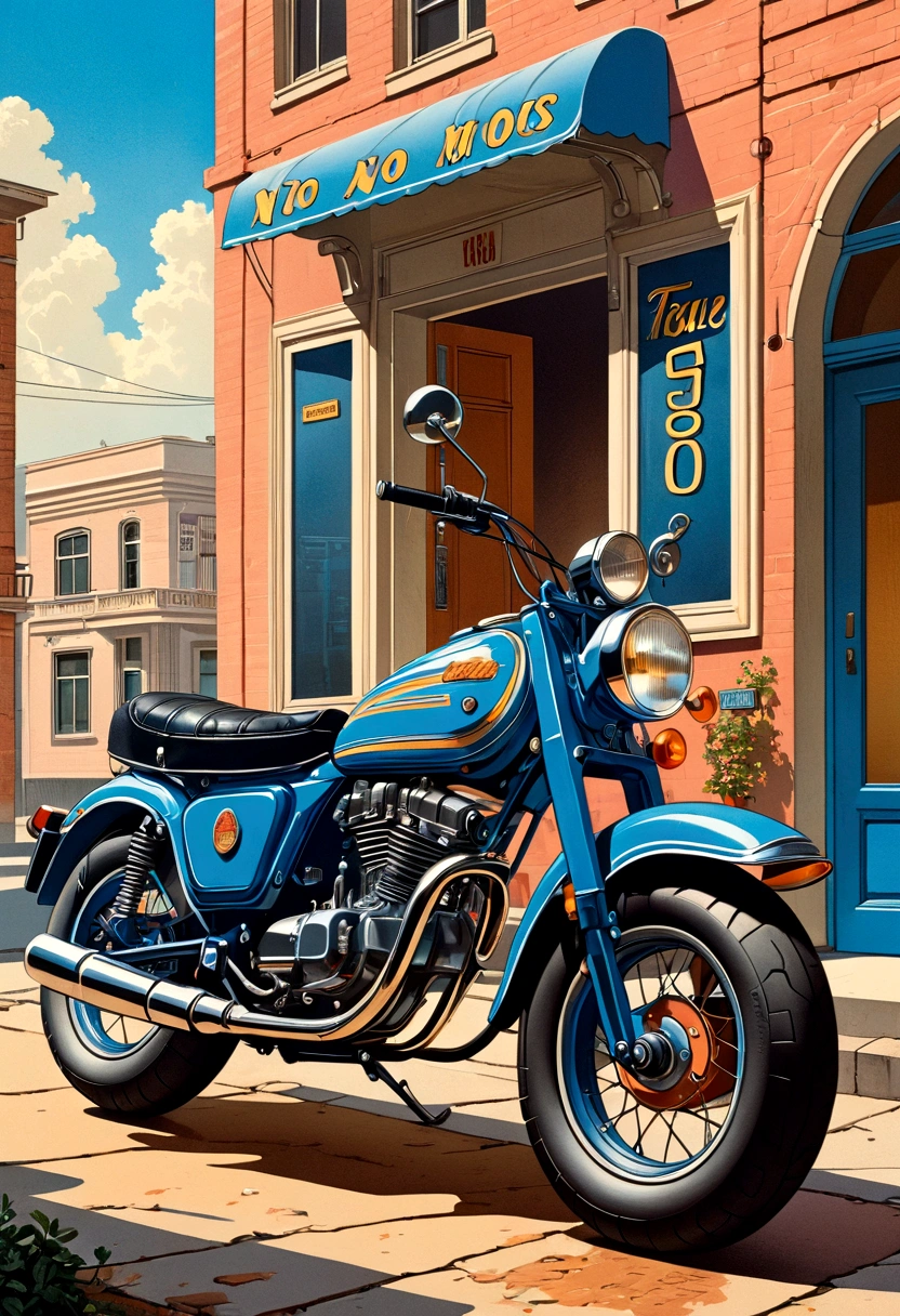 masterpiece, Top quality, best quality, Extremely detailed, Rich HD details, sharp, Saul Wright style, 1980s, Detailed digitally illustrated vintage poster, Inspired by Lubin Baugin, A blue motorcycle parked in front of a building, (((No humans))), High contrast, Bright colors, Vague, Warm colors