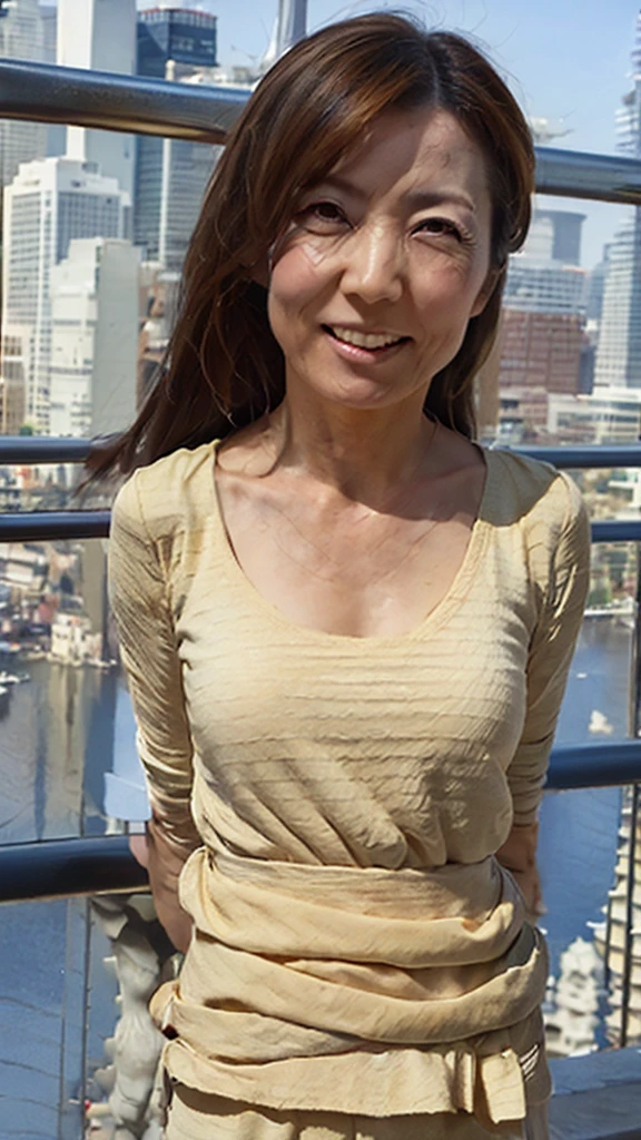 ((Highest quality)), ((8K)), ((masterpiece: 1.3)), (Perfect appearance), (Photorealism: 1.6), (Ultra-high resolution), (Skyscraper rooftop), (Rooftop without railings), (A clear, cloudless sky), (Strong winds), (Blurred Background), (JMA, AIF), (One Japanese MILF standing on the edge of the roof), (Woman standing posture), (Woman standing on the right side of the screen), (60 years old, Japanese Mature), ((Realistic skin texture)), ((Realistic skin texture)), (Fine wrinkles all over the skin), (Dullness), (Facial wrinkles), (Wrinkles around the eyes), double eyelid, Tear bags under the eyelids, A gentle gaze, smile, (Semi-long hair), (Hair with messy ends), (Soft fabric blouse), (Wide-open chest blouse), (Full body portrait),