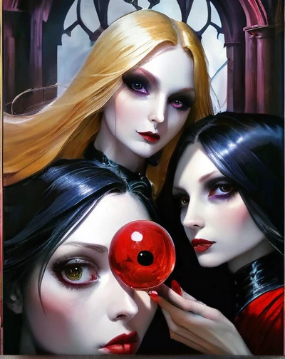 three women with blood on their faces holding a red orb, jana brike art, adrian borda, anna dittman, benjamin lacombe, glitchcore witchcore, !5 three eyed goddesses, by Aaron Jasinski, portrait of daemons, detailed 3d gothic oil painting, tom bagshaw and sabbas apterus, gerard brom