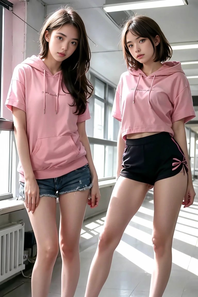 deux femmes ensemble de 18 ans sexy et mince , pink short sleeve hoodie , salle de classe, se touche,position sey,sensuel,visible legs,