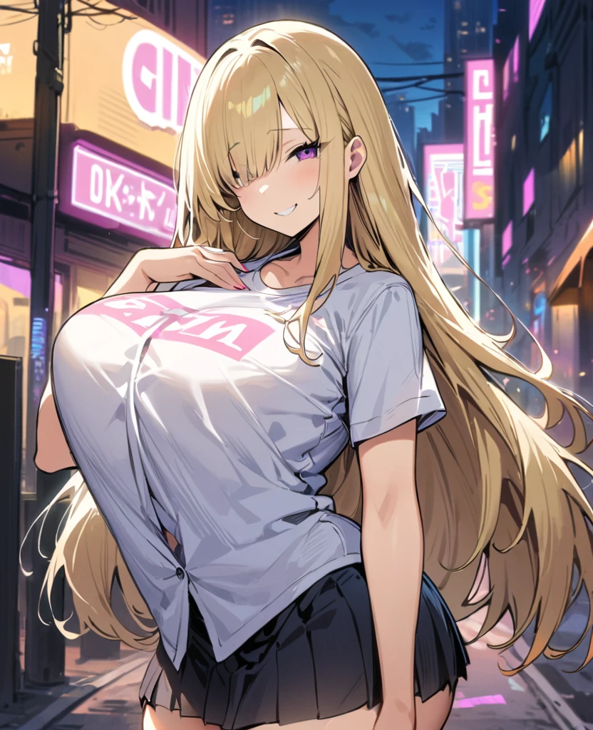 cyberpunk city, street, evening, neon light, neon sign, Masterpiece, Best Quality, high resolution, JK,huge tit,1 girl, Pastel yellow hair, long hair, hair covers one eye, purple eyes, tight, big thighs, expression smiling shy, ,pleated Skirt,inside shirt,Skirt,SMILE,tent shirt