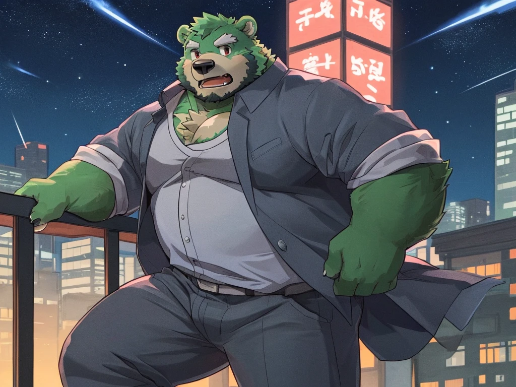 bara, furry, furry_male,male focus, solo, muscular male, (((green bear))), (((green fur))), green hair, red eyes, beard, white eyebrows, (a green fur boy wearing a gray jacket and gray pants, a bear, standing on a rooftop, surrounded by skyscrapers, bustling cityscape, night-lit skyline, Japanese style, fluffy chest, close-up portrait, close-up of the head, on the rooftop, with shooting stars streaking across behind, slightly open mouth, looking back with a hint of confusion)