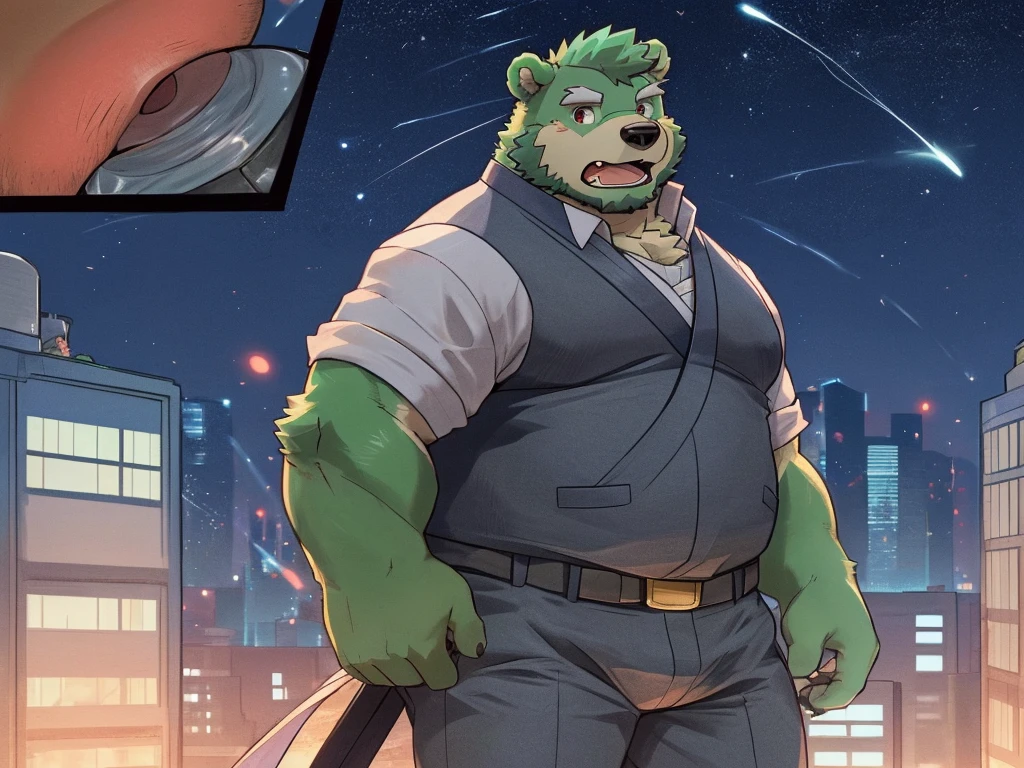 bara, furry, furry_male,male focus, solo, muscular male, (((green bear))), (((green fur))), green hair, red eyes, beard, white eyebrows, (a green fur boy wearing a gray jacket and gray pants, a bear, standing on a rooftop, surrounded by skyscrapers, bustling cityscape, night-lit skyline, Japanese style, fluffy chest, close-up portrait, close-up of the head, on the rooftop, with shooting stars streaking across behind, slightly open mouth, looking back with a hint of confusion)