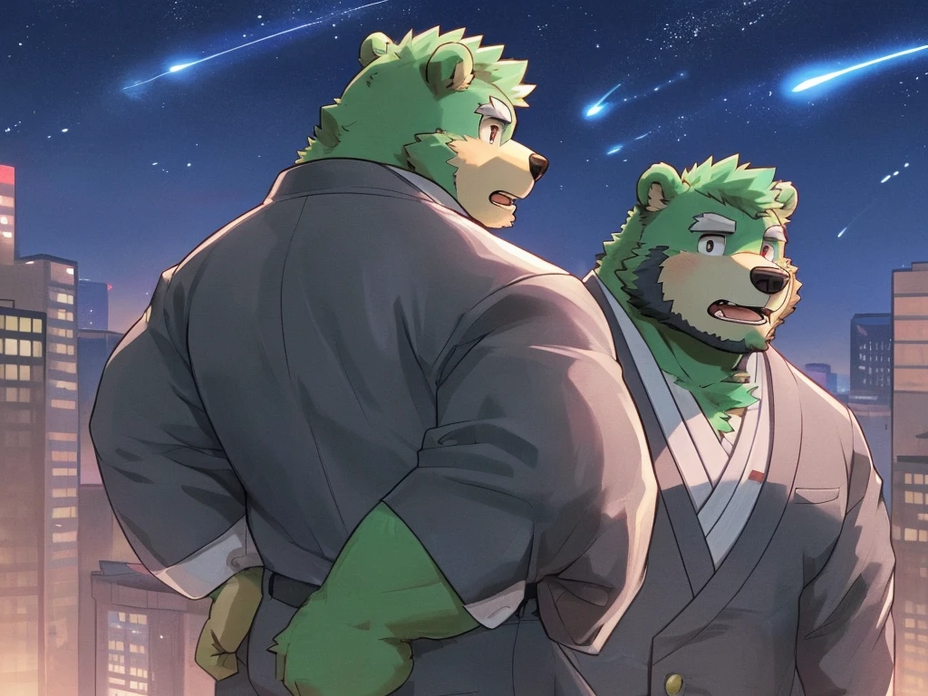bara, furry, furry_male,male focus, solo, muscular male,  (((green bear))), (((green fur))), green hair, red eyes, beard, white eyebrows, (a green fur boy wearing a gray jacket and gray pants, a bear, standing on a rooftop, surrounded by skyscrapers, bustling cityscape, night-lit skyline, Japanese style, fluffy chest, close-up portrait, close-up of the head, on the rooftop, with shooting stars streaking across behind, slightly open mouth, looking back with a hint of confusion)