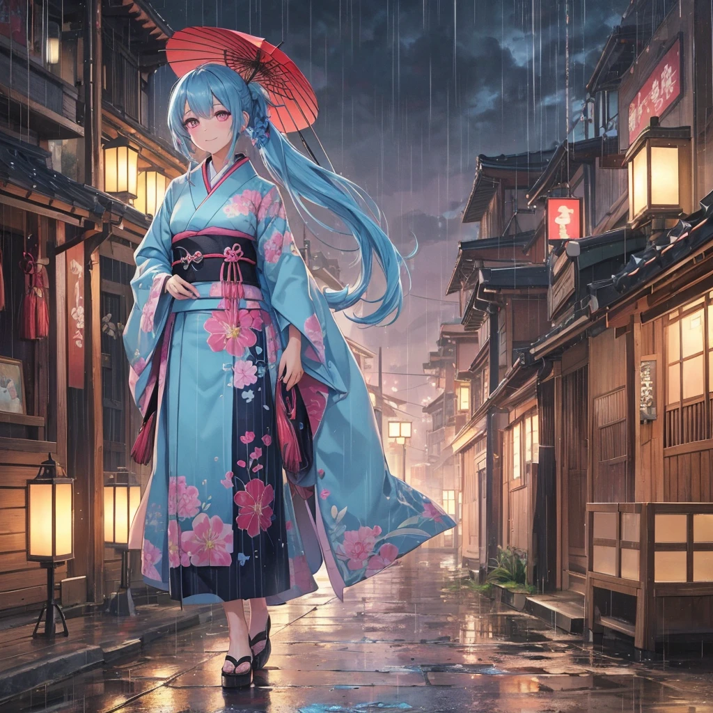 sky Blue hair, (braided ponytail),(pink eyes),fair skin ,(full body),(1 girl),smile,Straight Bangs,(masterpiece, best quality, ultra-detailed, best shadow), (detailed background), (beautiful detailed face), high contrast, (best illumination, an extremely delicate and beautiful), ((cinematic light)), colorful, hyper detail, dramatic light, intricate details,(rain shower),kyoto,big Japanese Umbrella,kimono,high quality,