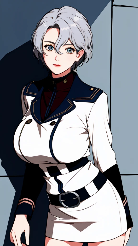 sallysaintford, huge_breasts, standing, solo, Naval_uniform_White_jacket_White_pencil_skirt_miniskirt_Belt_long_sleeves_turtleneck, masterpiece, best_quality, detailed_face, detailed_eyes, highres, beautiful, detailed,