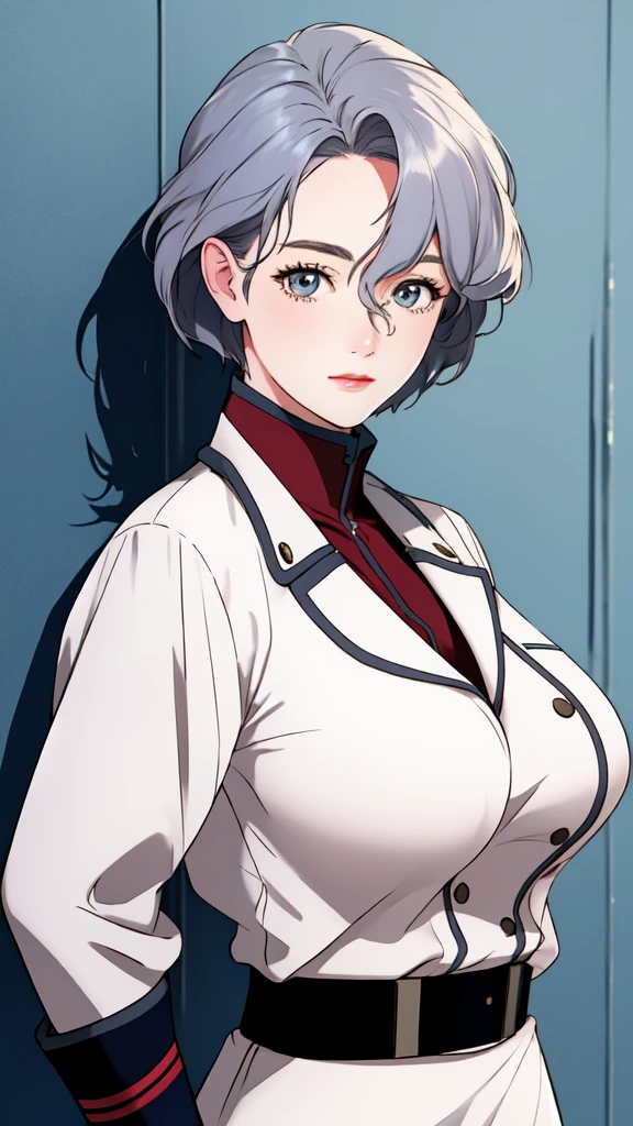 sallysaintford, huge_breasts, standing, solo, Naval_uniform_White_jacket_White_pencil_skirt_miniskirt_Belt_long_sleeves_turtleneck, masterpiece, best_quality, detailed_face, detailed_eyes, highres, beautiful, detailed,