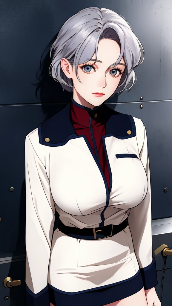 sallysaintford, huge_breasts, standing, solo, Naval_uniform_White_jacket_White_pencil_skirt_miniskirt_Belt_long_sleeves_turtleneck, masterpiece, best_quality, detailed_face, detailed_eyes, highres, beautiful, detailed,