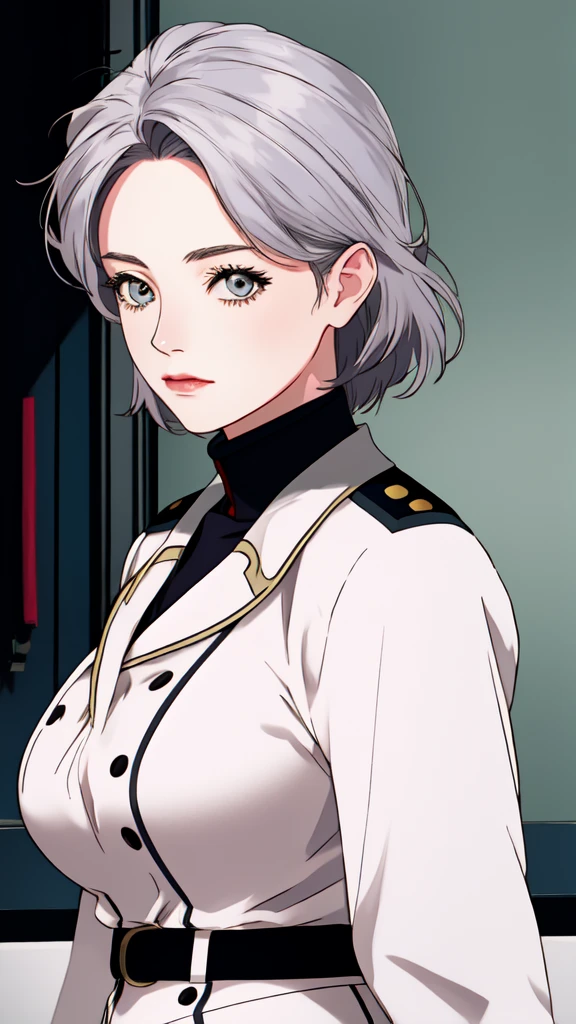 sallysaintford, huge_breasts, standing, solo, Naval_uniform_White_jacket_White_pencil_skirt_miniskirt_Belt_long_sleeves_turtleneck, masterpiece, best_quality, detailed_face, detailed_eyes, highres, beautiful, detailed,