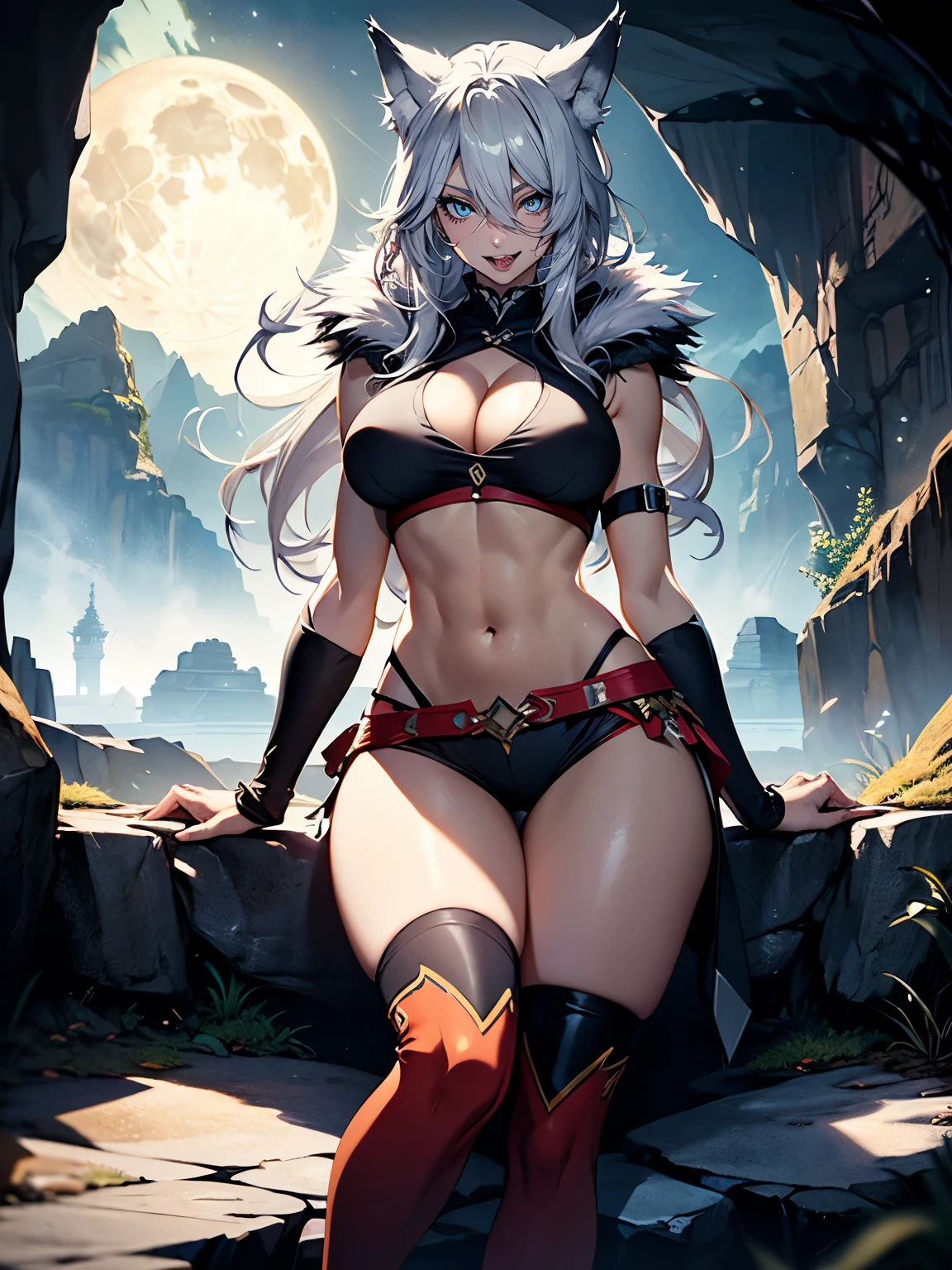 ((Seductive Anime lady:1.3, solo:1.5))、((fusion of wolf and girl:1.4))、((sitting cross-legged on the big rock))、((gray color, fur and lather clothes))、((wild:1.3))、((Being in cave:1.3)), ((fullmoon night))、((slant eyes))、erect nipples、((open clothes:1.2))、((crop top navel:1.2))、(huge breasts:1.2))、((cleavage))、((highleg))、((sleeveless:1.2))、((full body))、abdominal muscle、Glossy realistic skin texture、shiny skin、masterpiece, ultra-detailliert, 8k, hiquality, Top image quality, Smooth texture、watercolor