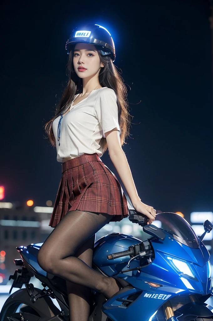 (((best quality))),(((ultra detailed))),(((masterpiece))),illustration,((1 beautiful girl,solo)),((slim,thin,small breasts,flat chest)),shoulder length straight hair,almond-shaped eyes, intense gaze, fair skin, subtle blush, full pink lips, confident smile,(white collared short sleeved shirt:1.3),Windsor knot on neck,((red plaid pleated skirt,slender legs,pantyhose)),deep blue hue, silver accents, form-fitting, low neckline, smooth skin,booties, urban scene, cyberpunk city, neon lights, tall buildings, LED signs, misty glow, dreamy ambiance, night sky, twinkling stars, electric atmosphere,(riding on a motorcycle:1.3), (safety helmet:1.3), vibrant atmosphere