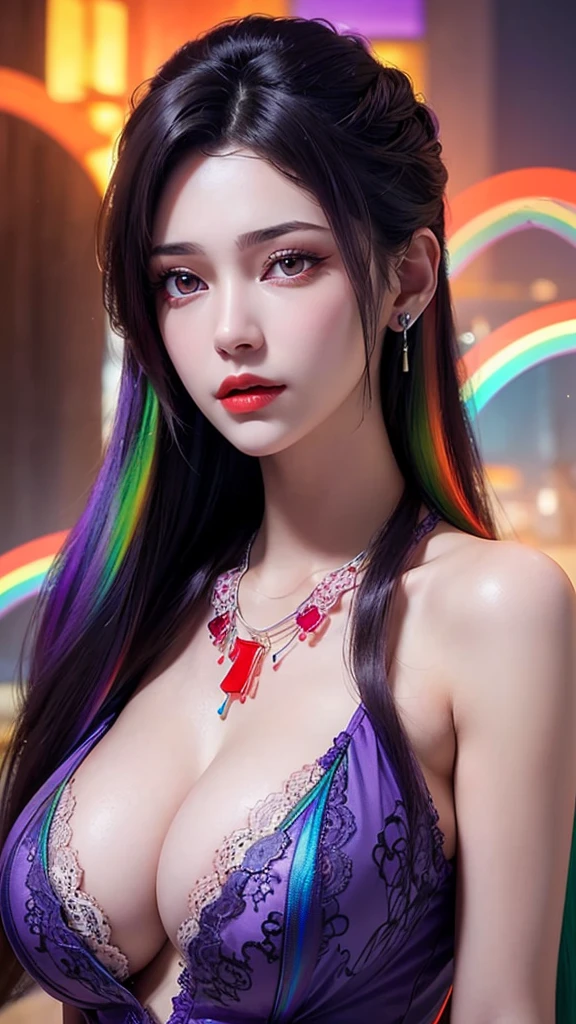 A beautiful and sexy 20 year old girl, wearing a super thin red dress, ((long hair dyed rainbow colors:1.6)), bangs, the most detailed jewelry and beautiful hair, ((wears purple lace necklace:1.6) )), Super cute small face, very pretty face, thin eyebrows, flawless beautiful face, ((black eye pupil: 0.8)), very beautiful eyes, ((red eyes pale:1.5)), beautiful makeup and detailed eyelashes, steamy eye makeup, high nose, earrings, red lips, ((closed mouth:1;5 )) beautiful lips, slim hands, most beautiful thighs, ((arms spread out to the sides: 1.5)), rosy face, clean face, flawless beautiful face, smooth white skin, (big breasts: 1.5)), ((high breasts: 1.6)), Breasts plump, beautiful cleavage, ((big and super round breasts: 1.8))), ((super tight breasts: 1.5)), beautiful breasts, back arms, beautiful girl's upper body, 8k photo, quality super high, hyper realistic, 10x super pixel, photorealistic, dark studio, light edges, two-tone bright, (high detail skin:1.2), super 8k, soft light, high quality, lighting volumetric, realistic, Photo, high resolution, light, best photo, 4k, 8k quality, blur effect, Smooth and sharp, 10 x pixels, (galaxy: 1.7), aurora, lightning, surreal graphics, most realistic graphics, alone, solo, Extremely sharp, surreal images, (((frontal portrait:1.3)))."