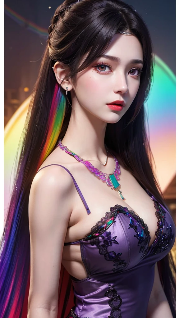 A beautiful and sexy 20 year old girl, wearing a super thin red dress, ((long hair dyed rainbow colors:1.6)), bangs, the most detailed jewelry and beautiful hair, ((wears purple lace necklace:1.6) )), Super cute small face, very pretty face, thin eyebrows, flawless beautiful face, ((black eye pupil: 0.8)), very beautiful eyes, ((red eyes pale:1.5)), beautiful makeup and detailed eyelashes, steamy eye makeup, high nose, earrings, red lips, ((closed mouth:1;5 )) beautiful lips, slim hands, most beautiful thighs, ((arms spread out to the sides: 1.5)), rosy face, clean face, flawless beautiful face, smooth white skin, (big breasts: 1.5)), ((high breasts: 1.6)), Breasts plump, beautiful cleavage, ((big and super round breasts: 1.8))), ((super tight breasts: 1.5)), beautiful breasts, back arms, beautiful girl's upper body, 8k photo, quality super high, hyper realistic, 10x super pixel, photorealistic, dark studio, light edges, two-tone bright, (high detail skin:1.2), super 8k, soft light, high quality, lighting volumetric, realistic, Photo, high resolution, light, best photo, 4k, 8k quality, blur effect, Smooth and sharp, 10 x pixels, (galaxy: 1.7), aurora, lightning, surreal graphics, most realistic graphics, alone, solo, Extremely sharp, surreal images, (((frontal portrait:1.3)))."