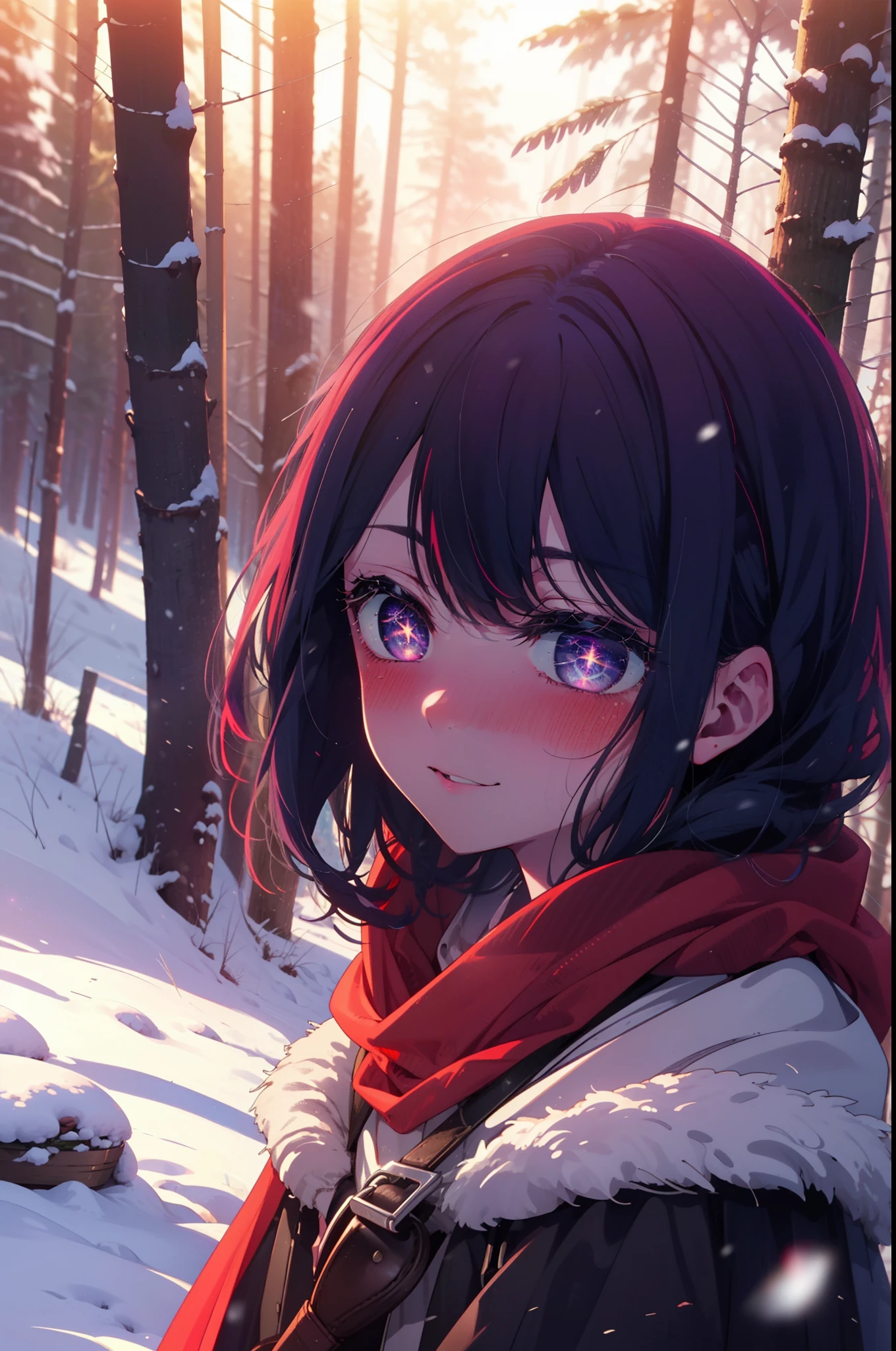 aihoshino, Ai Hoshino, Long Hair, bangs, (Purple eyes:1.1), Purple Hair, (Symbol-shaped pupil:1.5), smile,,smile,blush,White Breath,
Open your mouth,snow,Ground bonfire, Outdoor, boots, snowing, From the side, wood, suitcase, Cape, Blurred, , forest, White handbag, nature, Squat, Mouth closed, Cape, winter, Written boundary depth, Black shoes, red Cape break looking at viewer, Upper Body, whole body, break Outdoor, forest, nature, break (masterpiece:1.2), Highest quality, High resolution, unity 8k wallpaper, (shape:0.8), (Beautiful and beautiful eyes:1.6), Highly detailed face, Perfect lighting, Highly detailed CG, (Perfect hands, Perfect Anatomy),