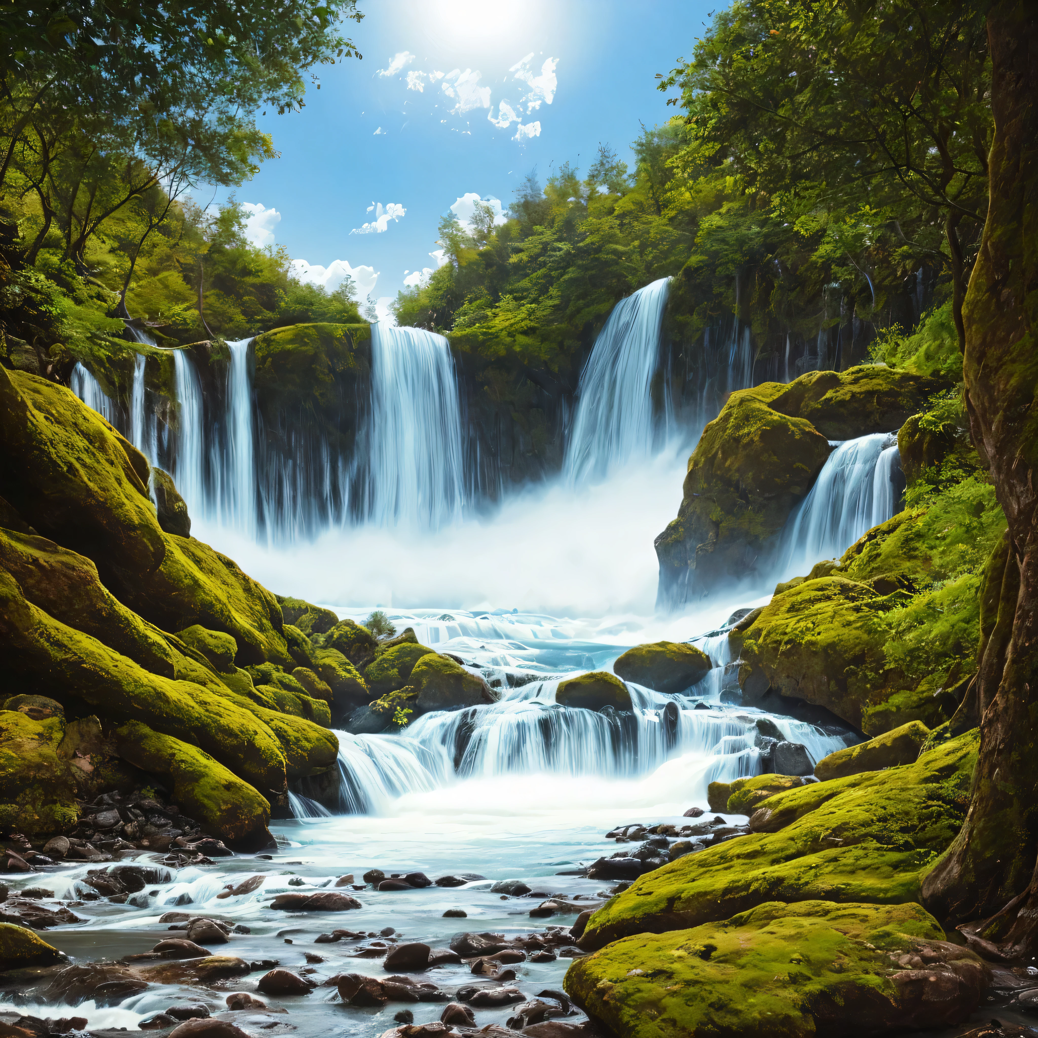 A breathtaking ultra-realistic and ultra-high-quality 32K UHD photograph of a majestic waterfall illuminated by the soft glow of a full moon at night. The water cascades over the rocks with a rough, turbulent flow, creating a mesmerizing depth of field. A tropical tree stands tall nearby, providing shade to a man sitting on the ground beneath it. In the background, a hut with a thatched roof is visible, adding a touch of serenity to the scene. The image, rendered with Octane, captures the maximum sharp focus, allowing viewers to fully appreciate the intricate details and vibrant colors of this enchanting nighttime landscape.
