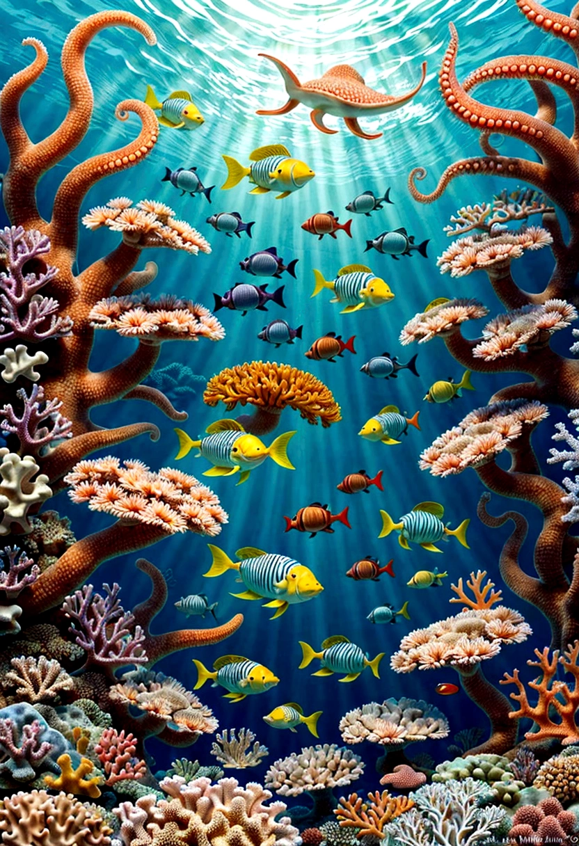The background of the illustration is a wide and bright sea. Swimming Octopus,  There is a beautiful area of coral reefs in the sea，Corals are colorful and diverse，It emits a colorful glow，Small fish swimming freely，The whole illustration is full of warmth and energy，Marine life swimming freely in a bright underwater world，It makes me feel calm and nice