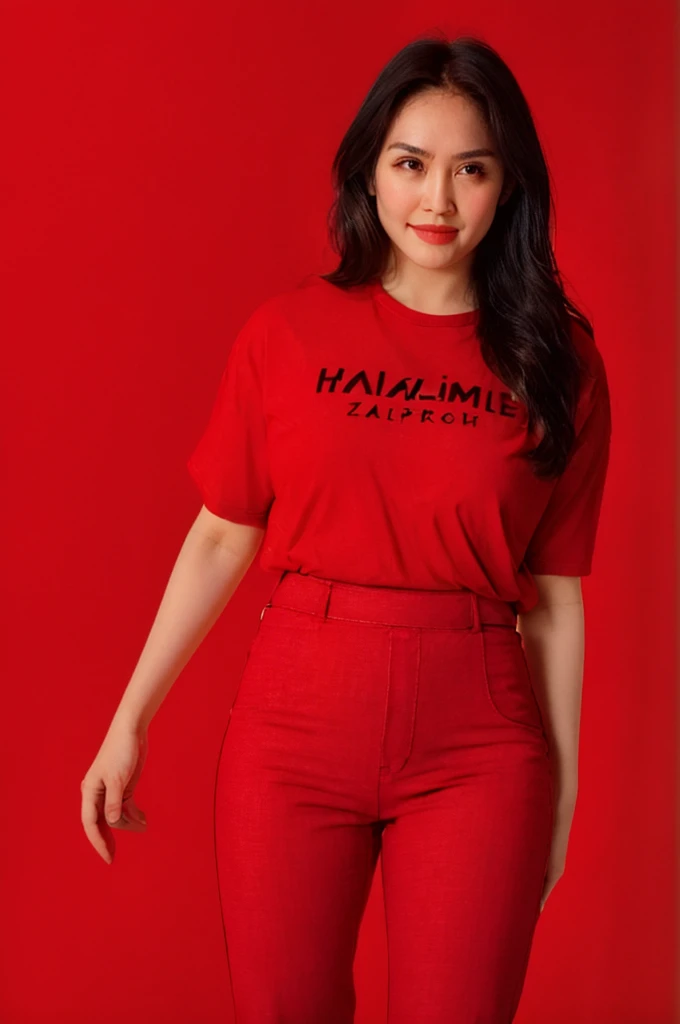 analog film photo solo, gstyle, realistic, ((woman)), (((long hair))), (((happy512))), (((Tapered trousers, t-shirt, and mules.))), ((Simple Light red background:1.5)), ((dynamic pose)), high detailed, 8k, clear facial features, skin zehragunes . faded film, desaturated, 35mm photo, grainy, vignette, vintage, Kodachrome, Lomography, stained, highly detailed, found footage