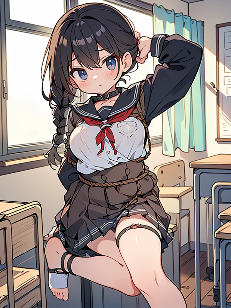4k HD,perfect,Exquisite,girl,Black ponytail,Small Breasts,full body portrait,((Rope restraints, arms behind the back, hands behind the back, rope restraints, hand restraints, rope restraints, feet rope restraints, groin, slim figurecollar,in the classroom)),((school uniform)),Shy