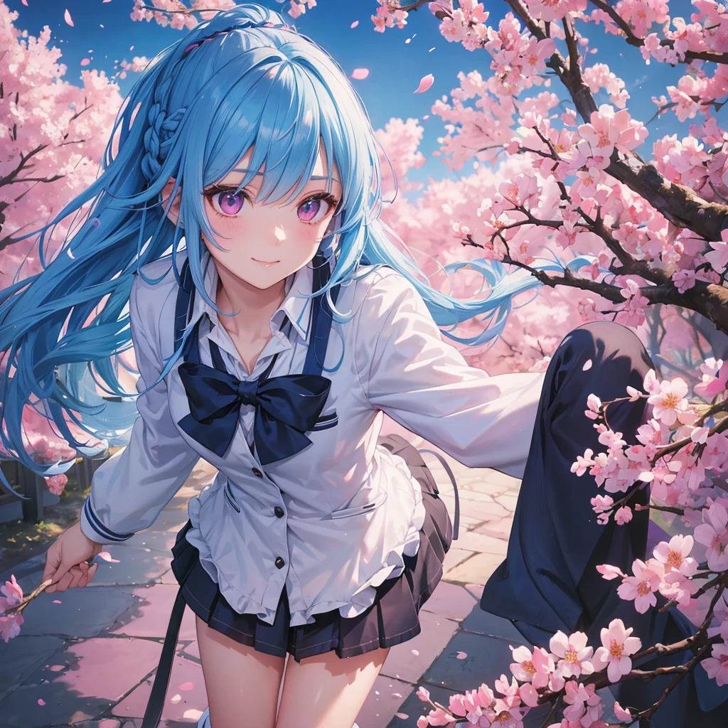 Sky blue hair, (Braided Ponytail),(Pink Eyes),Fair skin ,whole body,(1 Girl),Smile,spring, cherry blossoms, Knee-high socks for school, blazer, Straight bangs,(masterpiece, Highest quality, Super detailed, Best Shadow), (Detailed Background), (Beautifully detailed face), High Contrast, (Best lighting, Very delicate and beautiful), ((Cinematic Light)), colorful, Hyper Detail, Dramatic Light, Intricate details,sunshine,Leaning forward,high quality,
