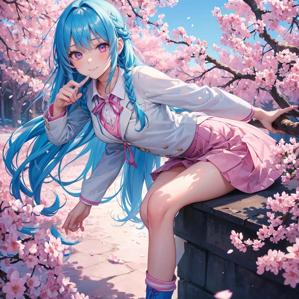 Sky blue hair, (Braided Ponytail),(Pink Eyes),Fair skin ,whole body,(1 Girl),Smile,spring, cherry blossoms, Knee-high socks for school, blazer, Straight bangs,(masterpiece, Highest quality, Super detailed, Best Shadow), (Detailed Background), (Beautifully detailed face), High Contrast, (Best lighting, Very delicate and beautiful), ((Cinematic Light)), colorful, Hyper Detail, Dramatic Light, Intricate details,sunshine,Leaning forward,high quality,