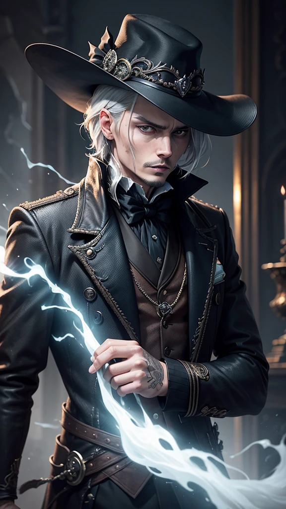 Create an image of Gellert Grindelwald inspired by Johnny Depp's portrayal in the Fantastic Beasts series.

Description:

Appearance: Gellert Grindelwald has a striking and intense presence, similar to Johnny Depp's portrayal.
Hair: White-blonde hair, styled in a distinctive, slicked-back fashion with some strands loose, giving a slightly wild and rebellious look.
Eyes: One eye is bright blue, and the other is a pale, almost silvery-blue, reflecting his unique and intense gaze.
Expression: A confident and intense expression, with a hint of cunning and menace. A slight smirk or a contemplative look would capture his manipulative and strategic mindset.
Facial Features: Sharp, angular features with a chiseled jawline. Include Johnny Depp's recognizable facial characteristics, such as his high cheekbones and slightly sunken eyes.
Clothing: Stylish and elegant wizarding attire, including a long, dark coat, a high-collared shirt, and layered clothing that adds to his imposing and charismatic presence. The outfit should have intricate patterns or magical embellishments that reflect his status and ambition.
Background:

Setting: A dark and grand setting, such as an ancient, enchanted castle or a magical landscape that conveys power and mystery. The background should enhance the sense of his ambition and the magical world he seeks to control.
Atmosphere: The overall atmosphere should be darkly enchanting, with a mix of elegance and danger. Use dramatic lighting to highlight his features and add depth to the scene.
Additional Elements (Optional):

Include subtle magical effects, such as a glowing wand, floating magical symbols, or dark, swirling energies around him.
Use a color palette that conveys both charisma and menace, with rich tones and dramatic contrasts.
