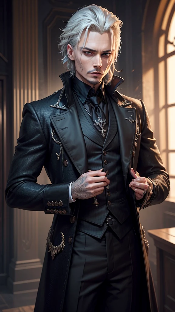 Create an image of Gellert Grindelwald inspired by Johnny Depp's portrayal in the Fantastic Beasts series.
Description:
Appearance: Gellert Grindelwald has a striking and intense presence, similar to Johnny Depp's portrayal.
Hair: White-blonde hair, styled in a distinctive, slicked-back fashion with some strands loose, giving a slightly wild and rebellious look.
Eyes: One eye is bright blue, and the other is a pale, almost silvery-blue, reflecting his unique and intense gaze.
Expression: A confident and intense expression, with a hint of cunning and menace. A slight smirk or a contemplative look would capture his manipulative and strategic mindset.
Facial Features: Sharp, angular features with a chiseled jawline. Include Johnny Depp's recognizable facial characteristics, such as his high cheekbones and slightly sunken eyes.
Clothing: Stylish and elegant wizarding attire, including a long, dark coat, a high-collared shirt, and layered clothing that adds to his imposing and charismatic presence. The outfit should have intricate patterns or magical embellishments that reflect his status and ambition.
Background:
Setting: A dark and grand setting, such as an ancient, enchanted castle or a magical landscape that conveys power and mystery. The background should enhance the sense of his ambition and the magical world he seeks to control.
Atmosphere: The overall atmosphere should be darkly enchanting, with a mix of elegance and danger. Use dramatic lighting to highlight his features and add depth to the scene.
Additional Elements (Optional):
Include subtle magical effects, such as a glowing wand, floating magical symbols, or dark, swirling energies around him.
Use a color palette that conveys both charisma and menace, with rich tones and dramatic contrasts.