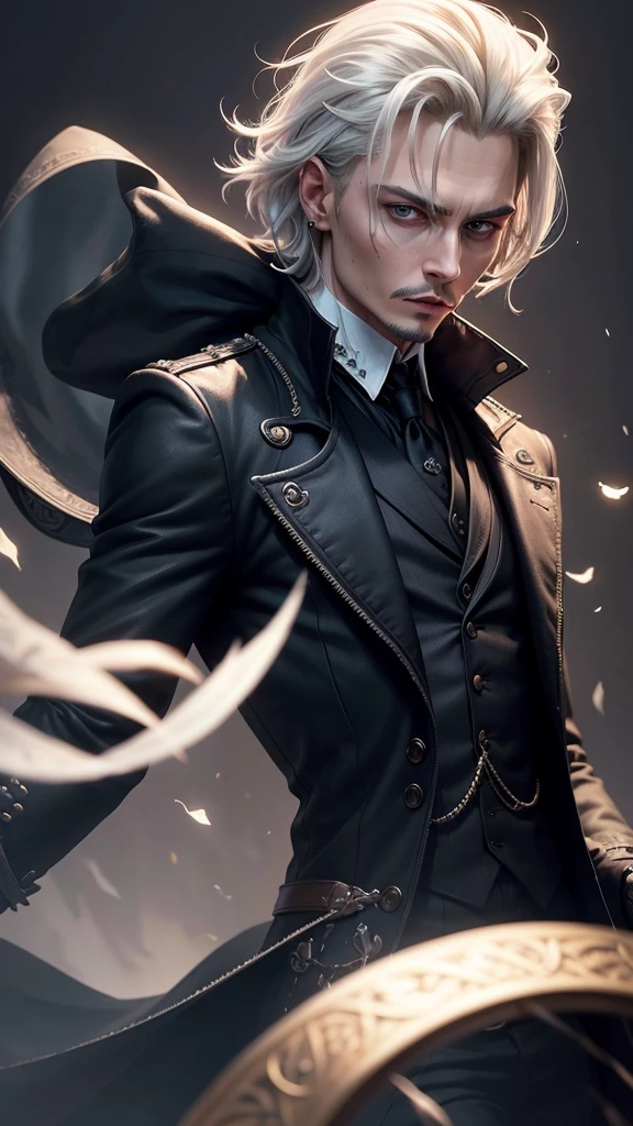 Create an image of Gellert Grindelwald inspired by Johnny Depp's portrayal in the Fantastic Beasts series.

Description:

Appearance: Gellert Grindelwald has a striking and intense presence, similar to Johnny Depp's portrayal.
Hair: White-blonde hair, styled in a distinctive, slicked-back fashion with some strands loose, giving a slightly wild and rebellious look.
Eyes: One eye is bright blue, and the other is a pale, almost silvery-blue, reflecting his unique and intense gaze.
Expression: A confident and intense expression, with a hint of cunning and menace. A slight smirk or a contemplative look would capture his manipulative and strategic mindset.
Facial Features: Sharp, angular features with a chiseled jawline. Include Johnny Depp's recognizable facial characteristics, such as his high cheekbones and slightly sunken eyes.
Clothing: Stylish and elegant wizarding attire, including a long, dark coat, a high-collared shirt, and layered clothing that adds to his imposing and charismatic presence. The outfit should have intricate patterns or magical embellishments that reflect his status and ambition.
Background:

Setting: A dark and grand setting, such as an ancient, enchanted castle or a magical landscape that conveys power and mystery. The background should enhance the sense of his ambition and the magical world he seeks to control.
Atmosphere: The overall atmosphere should be darkly enchanting, with a mix of elegance and danger. Use dramatic lighting to highlight his features and add depth to the scene.
Additional Elements (Optional):

Include subtle magical effects, such as a glowing wand, floating magical symbols, or dark, swirling energies around him.
Use a color palette that conveys both charisma and menace, with rich tones and dramatic contrasts.
