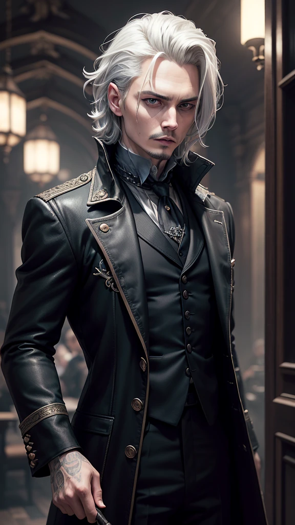 Create an image of Gellert Grindelwald inspired by Johnny Depp's portrayal in the Fantastic Beasts series.
Description:
Appearance: Gellert Grindelwald has a striking and intense presence, similar to Johnny Depp's portrayal.
Hair: White-blonde hair, styled in a distinctive, slicked-back fashion with some strands loose, giving a slightly wild and rebellious look.
Eyes: One eye is bright blue, and the other is a pale, almost silvery-blue, reflecting his unique and intense gaze.
Expression: A confident and intense expression, with a hint of cunning and menace. A slight smirk or a contemplative look would capture his manipulative and strategic mindset.
Facial Features: Sharp, angular features with a chiseled jawline. Include Johnny Depp's recognizable facial characteristics, such as his high cheekbones and slightly sunken eyes.
Clothing: Stylish and elegant wizarding attire, including a long, dark coat, a high-collared shirt, and layered clothing that adds to his imposing and charismatic presence. The outfit should have intricate patterns or magical embellishments that reflect his status and ambition.
Background:
Setting: A dark and grand setting, such as an ancient, enchanted castle or a magical landscape that conveys power and mystery. The background should enhance the sense of his ambition and the magical world he seeks to control.
Atmosphere: The overall atmosphere should be darkly enchanting, with a mix of elegance and danger. Use dramatic lighting to highlight his features and add depth to the scene.
Additional Elements (Optional):
Include subtle magical effects, such as a glowing wand, floating magical symbols, or dark, swirling energies around him.
Use a color palette that conveys both charisma and menace, with rich tones and dramatic contrasts.