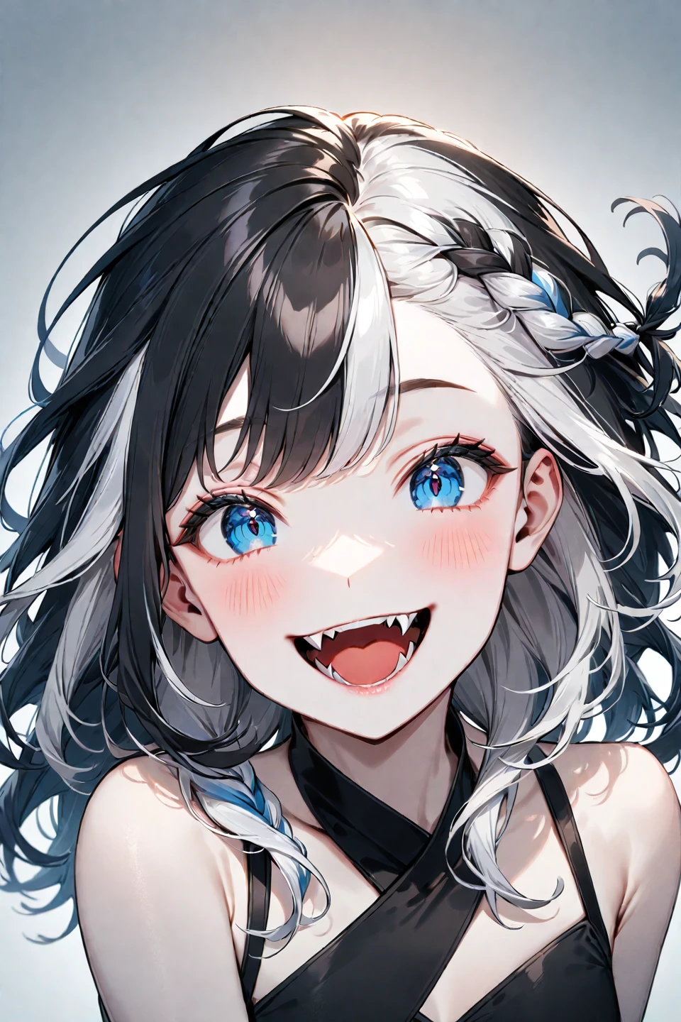 1girl, black hair, blue eyes, solo, open mouth, smile, multicolored hair, fangs, braid, :d, two tone hair, long hair, pale skin, white hair --style 1 --preset 3, ((medium quality)), ((medium quality))