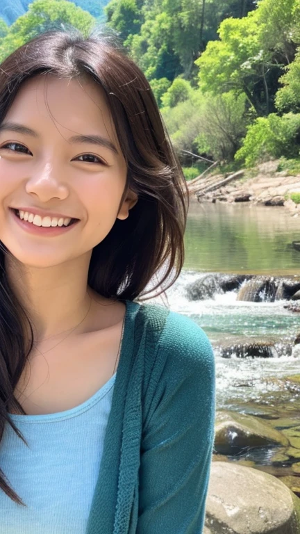 Beautiful Asian woman smiling calmly in nature: Mountains and rivers、Please draw a woman smiling with a relaxed expression in a natural setting such as a forest.。