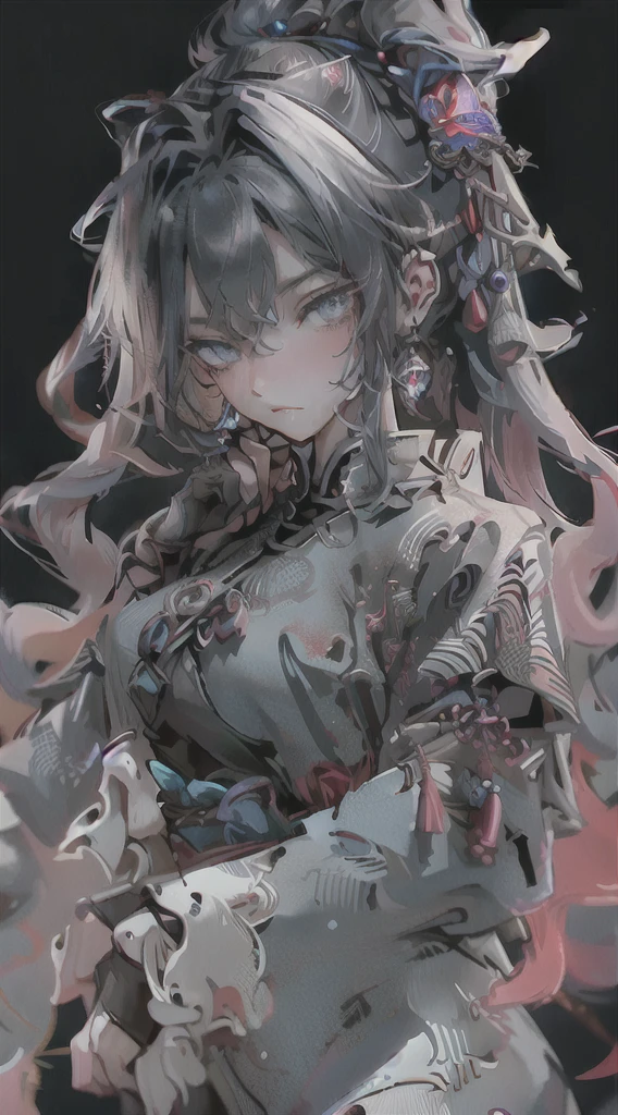(detailed:1.4), Masterpiece, Best quality, 1 Female, Mature Woman, Elder Sister, young girl, Royal Sister, the expression is cold, strong, blue eyes, wolfcut short hair, smoky mix navy blue color hair, resolute eyes, simple black and white Taoist Taoist uniform, long red eardrop, Chinese mix morden, frontal photo, blank background, remove background, wolfcut hairstyle, anime, illustration
