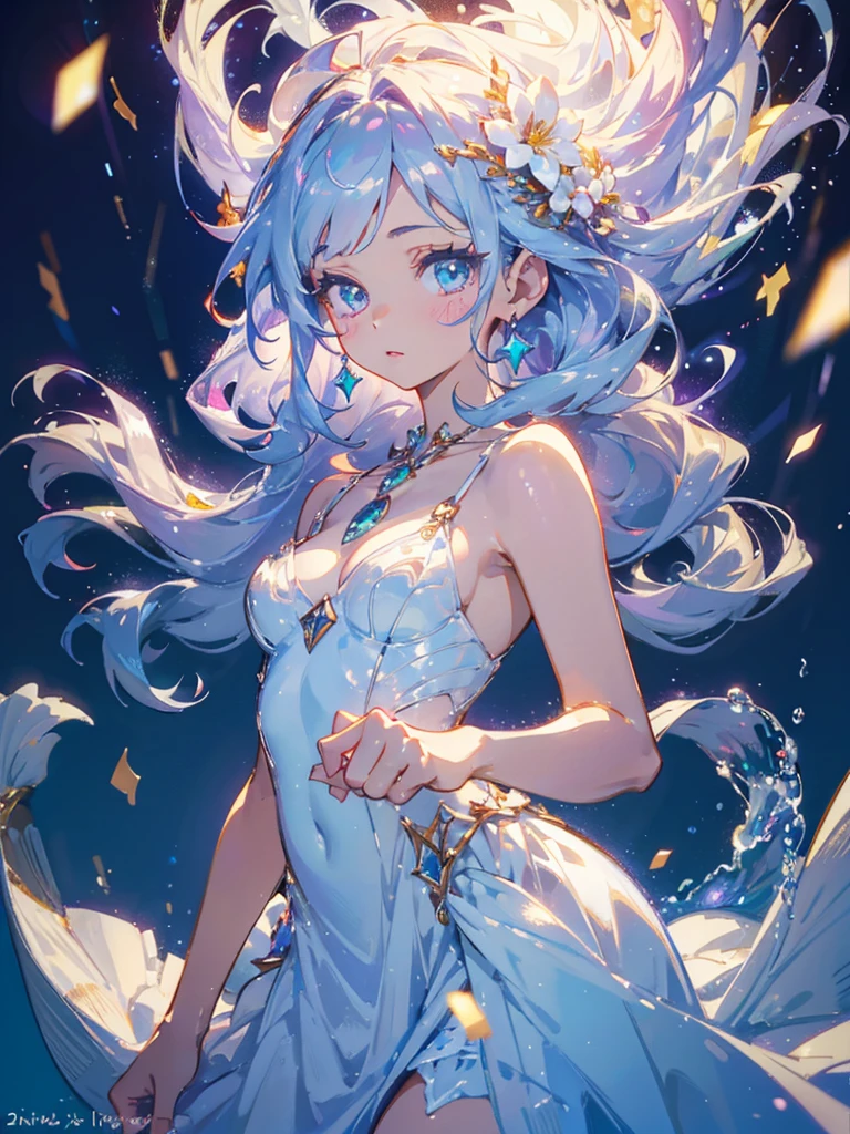 masterpiece, highest quality, figure, alexandrite eyes and hair, platinum earrings, Platinum Necklace, white dress, The Little Mermaid, cute, (dynamic lighting:1.2), cinematic lighting, delicate features, fine eyes, sharp pupils, realistic student, Depth of bounds written, Bokeh, sharp focus, (very detailed, bloom, shine:1.4), Many Small Gems