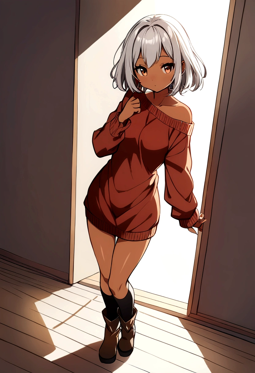 ((masterpiece)), (Highest quality), (Simple style), Silver hair, red eyes, off-the-shoulder sweater, no underwear, butt