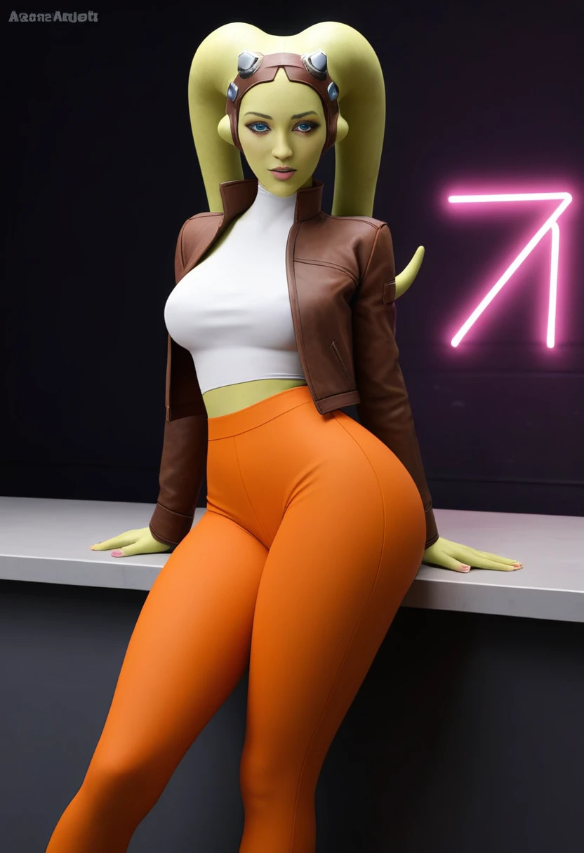 score_9_up, score_8_up, score_7_up, 1girl, solo, mature female, ((Hera)),(( twi’lek race))((green skin color)), long horns, blue eyes, pink lips, parted lips, fit slim body, ((perfect medium erected breast)), (((brown jacket, white tight top, orange  pants))), (((Cyberpunk interior, living room, with neon lights))), perfect model body, wide hips, pumped up ass, sitting on the chair and showing her ass, grabbing her ass, from behind