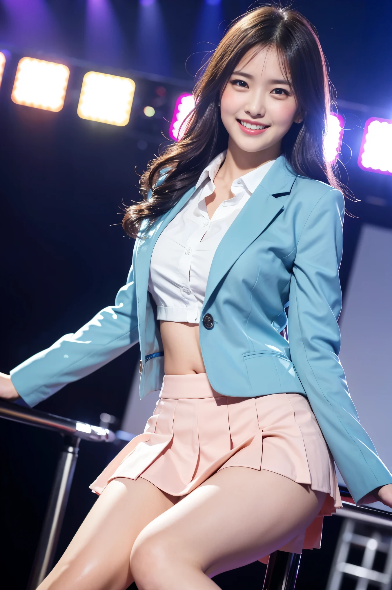 White base with purple-red sailor suit、Tulle skirt、20-year-old, Performing on an empty stage,  Cute Core、(Bob Hair)、(((Watching the audience)))、Ribbon on head、（Natural and detailed face standing、beautiful and detailed eyes、beautiful and dense lips、very detailed eyes、Detailed face、Long eyelashes）（8k resolution）、High resolution、masterpiece：1.2 )、Super detailed、(Real、Photorealistic、Photorealistic: 1.37)、8K、Fantastic lighting、Bright colors、Sitting posture、Bold leg spread、(Anatomically correct)、（Perfect body proportions)、(Natural Hands、Natural Fingers)
