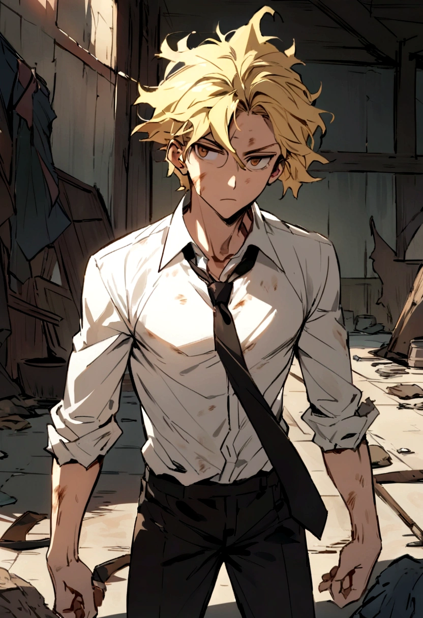 Young man with an angular face and striking features. His blonde hair is disheveled and often falls over his forehead in a messy manner., reflecting a sloppy style. Their brown eyes often convey a mixture of determination and tiredness., with an expression that varies between firm resolve and vulnerable innocence. He has a slim physique, but athletic, indicating a life of physical challenges and battles. His clothes consist of a rumpled white shirt, a loosely tied black tie and dark pants, all often torn and dirty, suggesting an arduous and exhausting life.