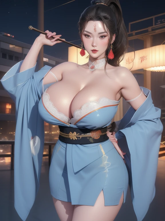 Complex 3D rendering of ultra-detailed beautiful porcelain contoured female face, , Integrated Circuit Parts, 150 mm, Beautiful studio soft lighting, rim Light, Vivid details, Luxury Cyberpunk, Lace, hyperactual, anatomy,,(((Full and soft breasts,)))(((Huge breasts))) (((Cleavage))) (Perfect curvy figure) 1 Girl, Mature female, Looking at the audience, city View, night, WZRY Fire Dance MY,Hair accessories, sash, bow,Jewelry, kimono, Short skirt,Forehead Mark, Hair stick,High Ponytail, Put your hands behind your back, Bare shoulders,