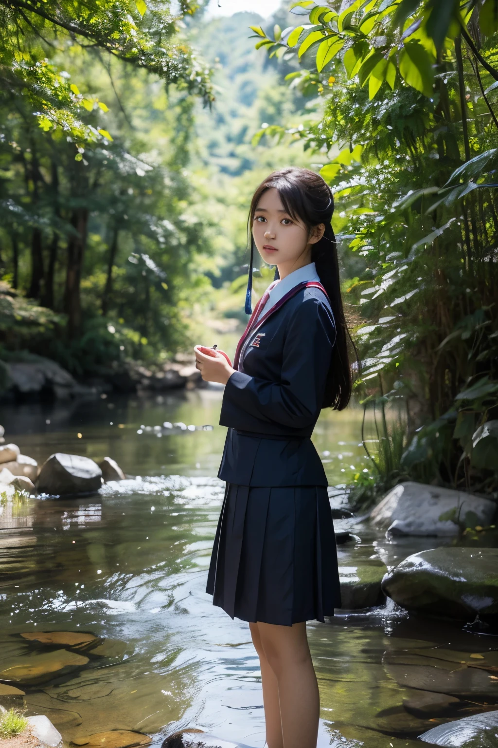 Masterpiece, best quality,An 18 year old Chinese girl wears school uniform, graduation trip,photography action, in the wilderness, summer