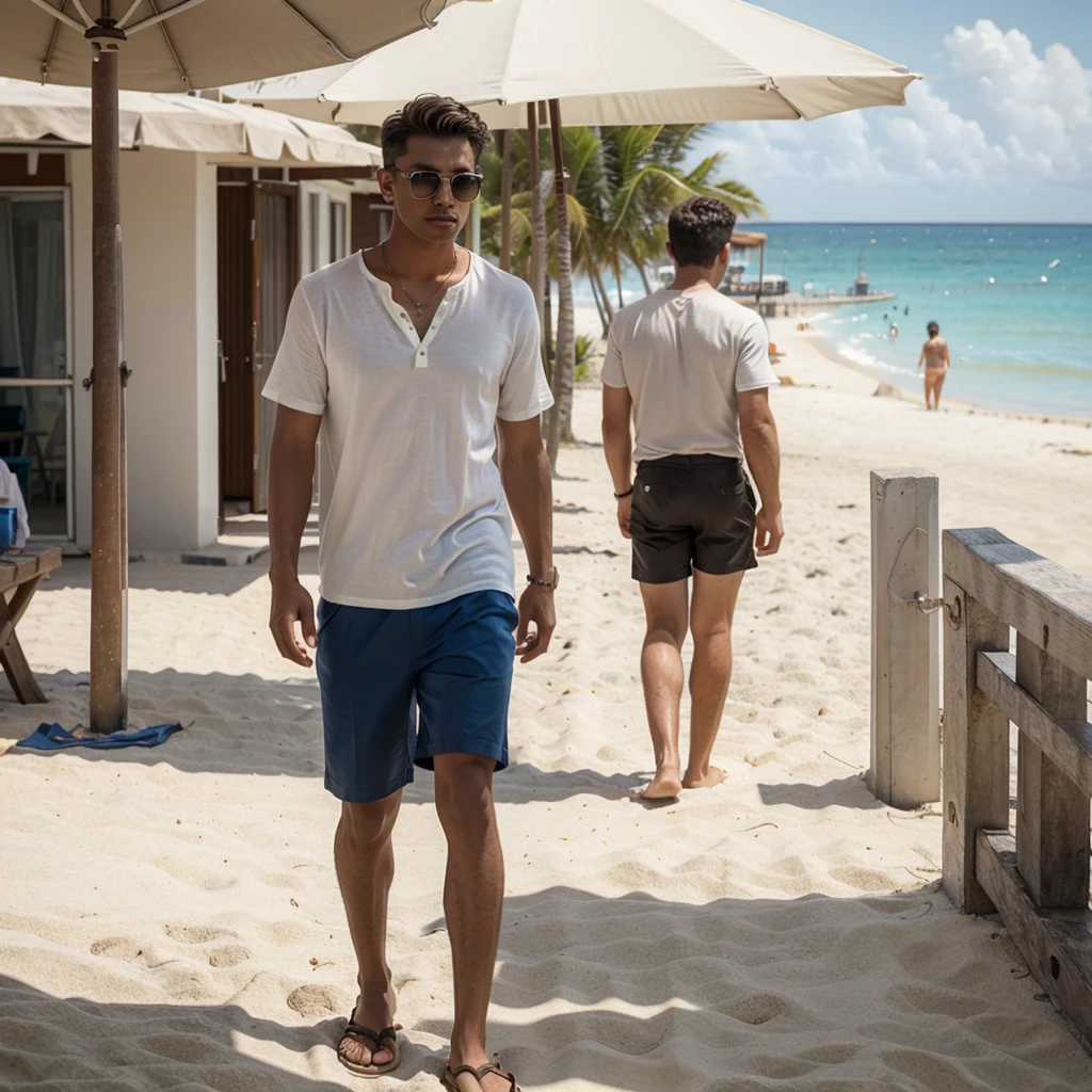 A stylish boy wearing casual clothes walking on the beach. He wears a light, light linen shirt, combinada com shorts de cor neutra. on the feet, he wears comfortable leather sandals. The boy also wears a pair of Dubery 620 sunglasses., which adds a modern touch to your look. The background is a sunny beach with golden sand and the blue sea in the background, reflecting a relaxing summer day.