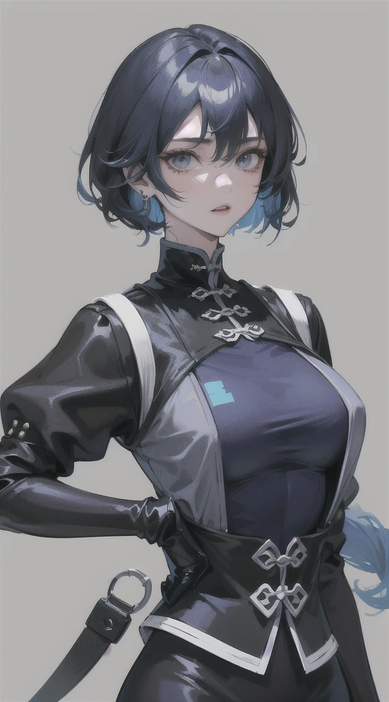 (detailed:1.4), Masterpiece, Best quality, 1 Female, Mature Woman, Elder Sister, young girl, Royal Sister, the expression is cold, strong, blue eyes, wolfcut short hair, smoky mix navy blue color hair, resolute eyes, simple black and white Taoist Taoist uniform, long red eardrop, Chinese mix morden, frontal photo, blank background, remove background, wolfcut hairstyle, anime, illustration