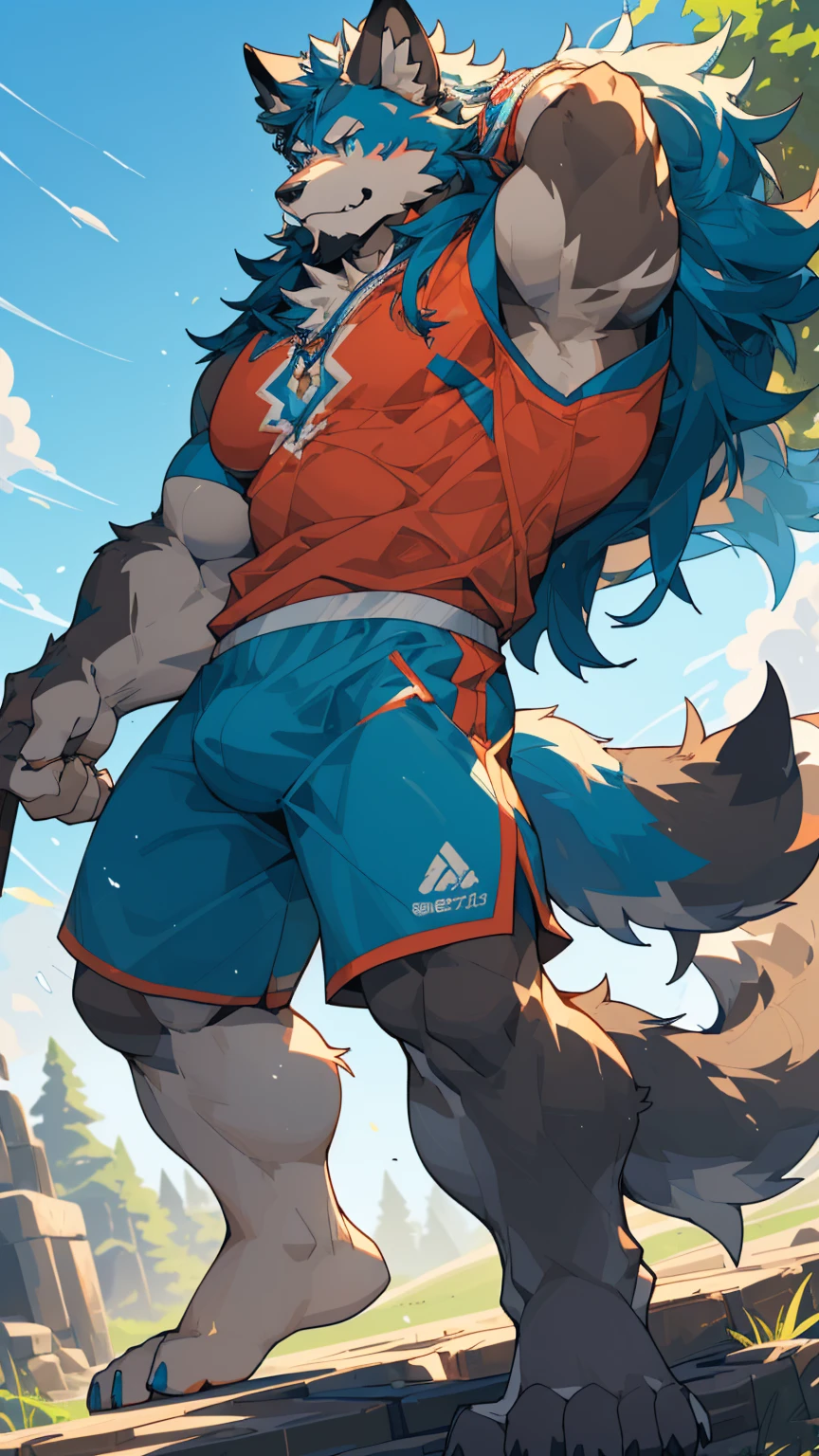 Sunlight,high resolution,4K,love,(((whole body))),masterpiece,high quality,Brave and bold,((Wolf)),male,((Strike a pose:1.3)),WolfFurry,(Middle-aged uncle),hairy,((charming,Smiling Face,Long hair)),((peaceful,Ease)),((strong,tall and big:1.3,thin long ears:1.2,Well-proportioned limbs:1.3,Wolf尾巴:1.3,Bigfoot,Meat pad:1.2,Crotch bulge:1.3)),(((Red and black sports shorts))),(((Green ears,Dark blue head,dark blue back,Dark blue limbs,White breast,White belly,Blue pupils))),charming脸庞,AttentiontoDetail,Detailed body,Detailed hands