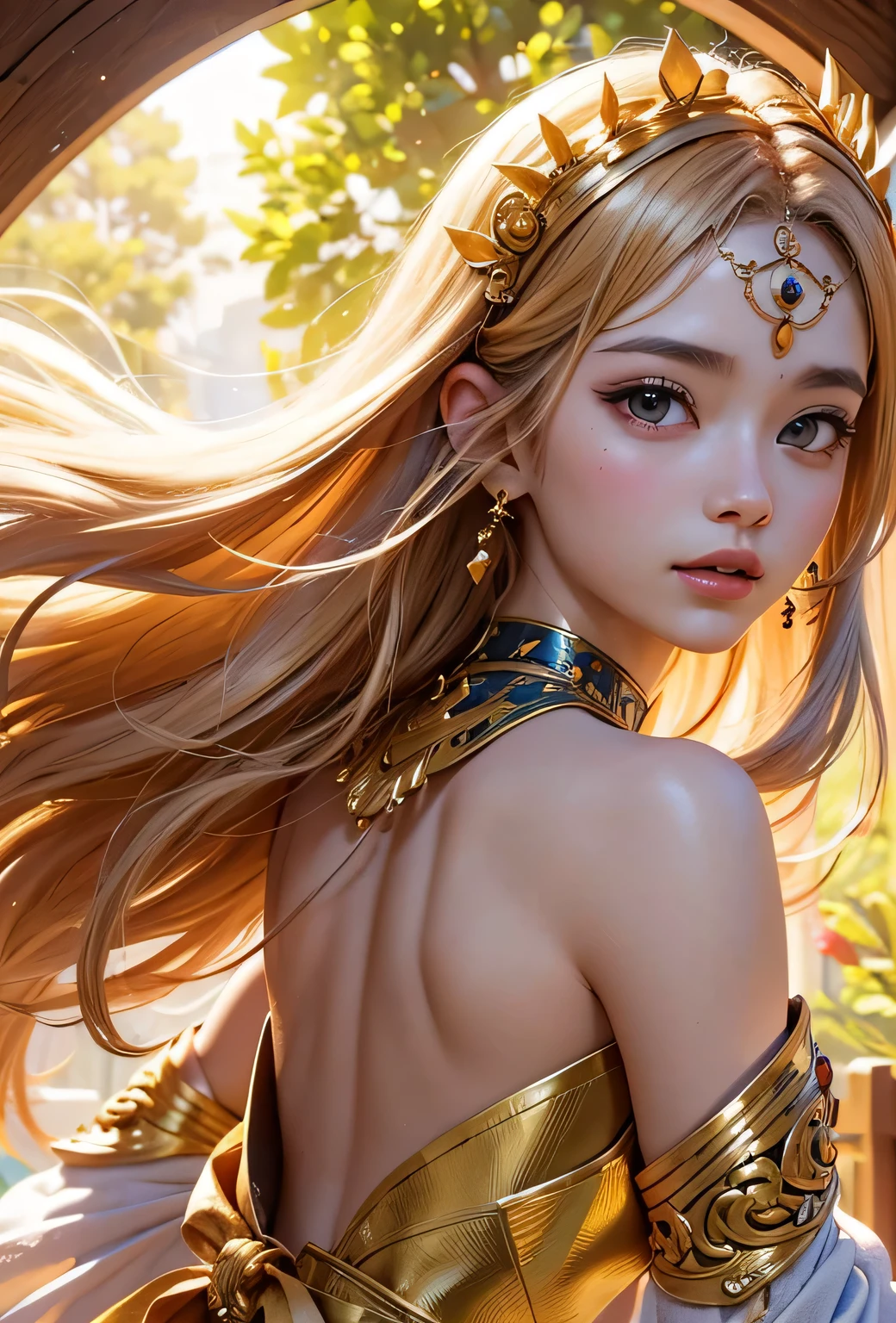 " of the Sun, Goddess of Love": Within a sacred sanctuary bathed in sunlight, depict the figure of a sun goddess who governs love, facing forward and emanating divine radiance. She is a , around 3 yeam in to focus on her face, with a gleaming orb of light in her hands, representing the life-giving power of the sun. Her hair is shimmering gold, and she is wearing a traditional miko outfit as seen in Japanese shrines. The background should be predominantly gold, evoking a sense of divine splendor, with numerous heart-themed objects expressing the beauty of love. The setting is in heaven, enveloped in soft, bright light, where one can find tranquility and peace of mind, free from any trace of anxiety.Straight-on.