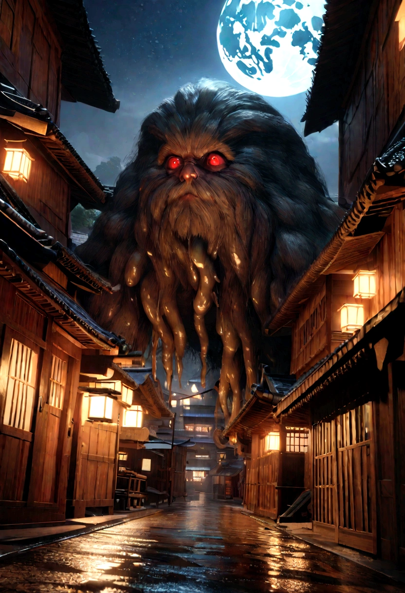 A giant hairy spider peers out from between the roofs with its red eyes、Wet,slimy,Reflex muscles,Old Japanese town setting, moon, Realistic, Very detailed, Complex,Unreal Engine,Sinomatic Lighting,Wide-angle lens, Action Shots,8K, HyperRealistic movie poster