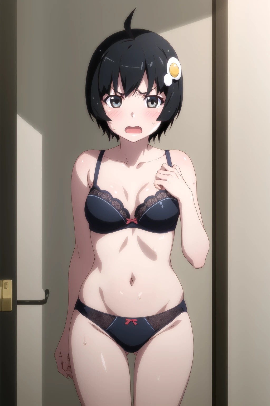One girl, alone, looking at でiewer,Light blue underwear araragitsukihi, hair ornaments,short hair, Ahoge, No bra, egg hair ornaments, Parted bangs,No underwear,Sweat Anger,blush, Open your mouth,Ruins at night,Arizo
