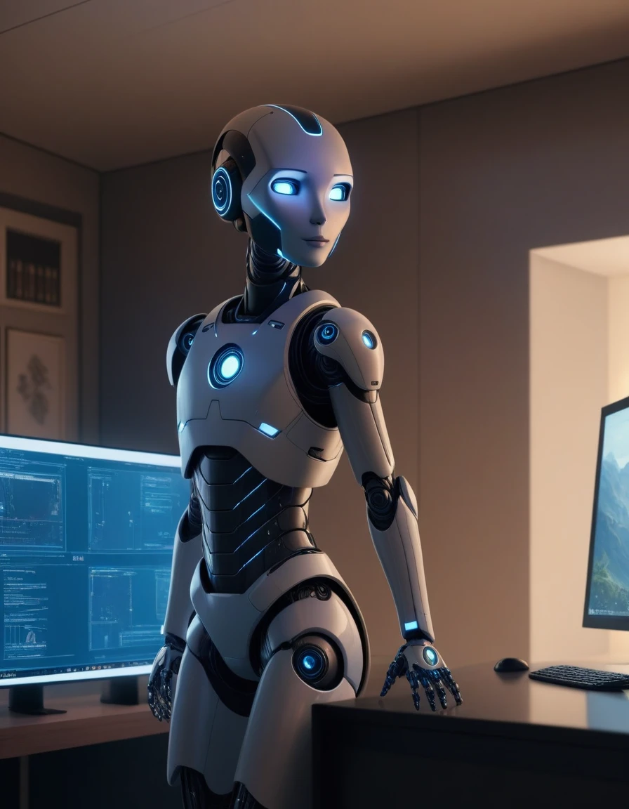 High image, Super Detail, High resolution, Assistive Robot, Streamlined form close to humanoid, Blue LED at eye position, in the room