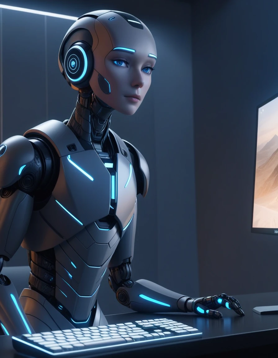 ((Highest quality)), ((masterpiece)), (detailed), Alone in a room, chatting with an AI on a computer screen