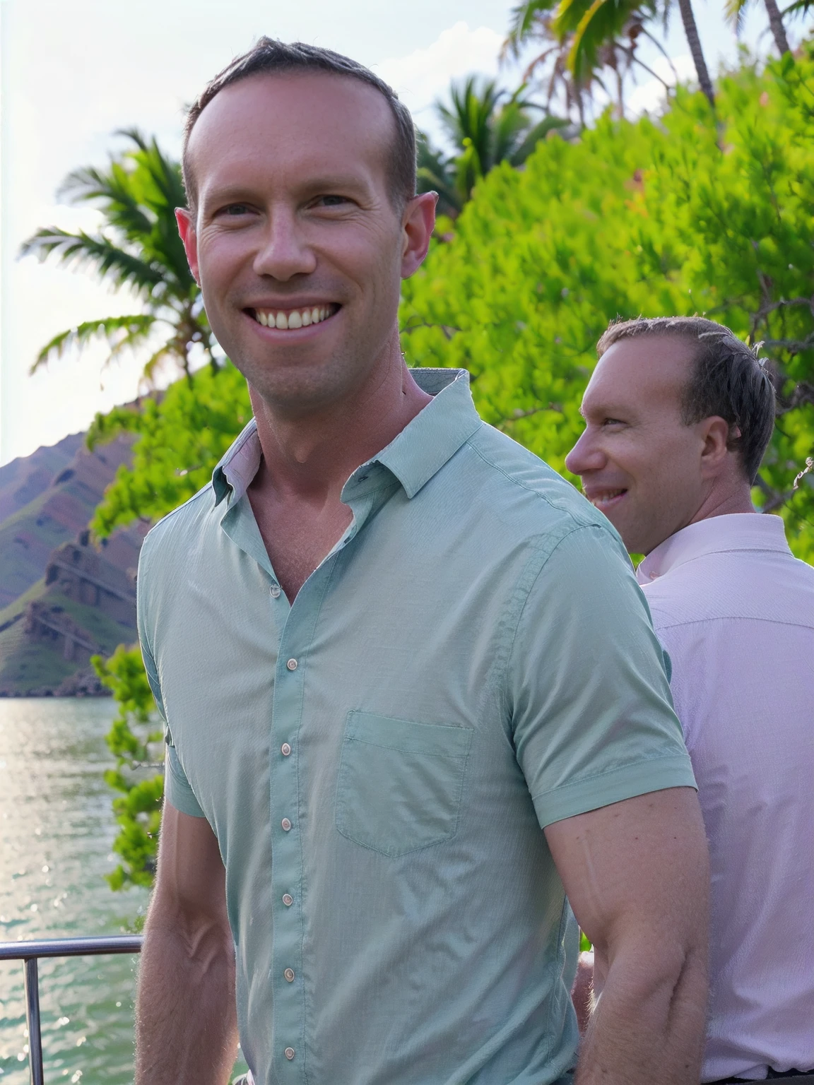 a man, Todder8, Todder1 short hair, perfect skin, RAW, UHD, 8K, looking at camera, on a yacht at sea, vacation photography, island paradise, colorful Hawaiian shirt, photorealistic, dynamic lighting, perfect day, [smiling]