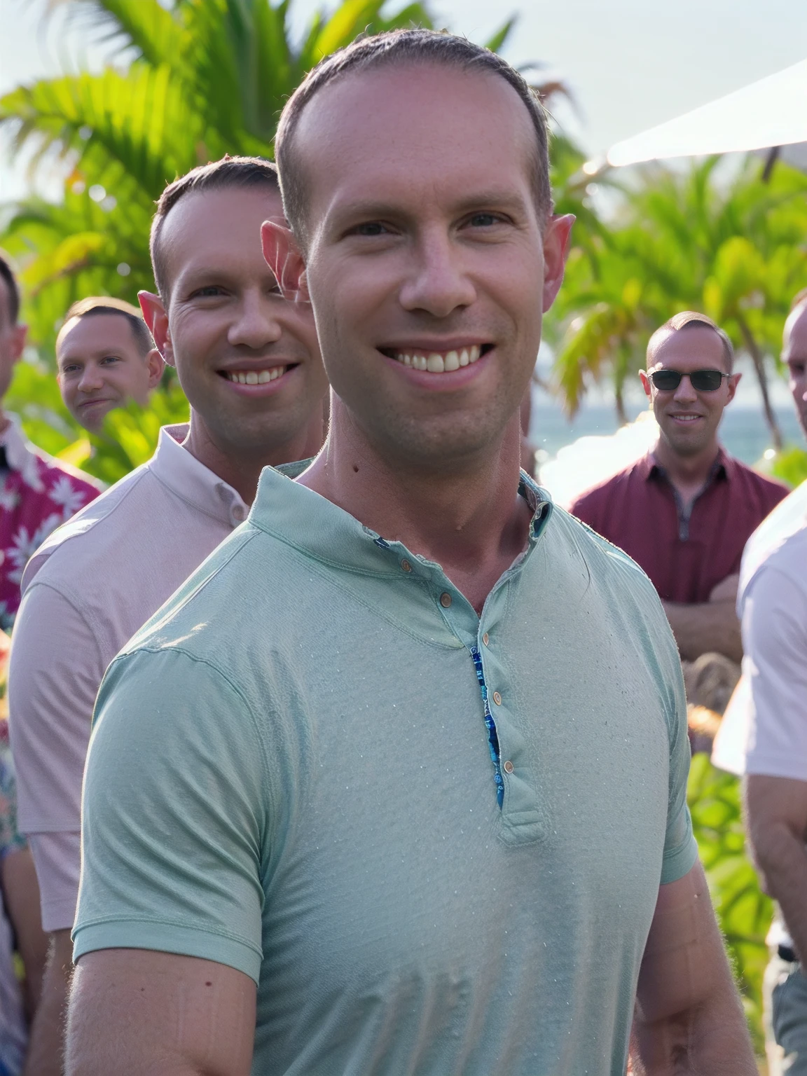 a man, Todder8, Todder1 short hair, perfect skin, RAW, UHD, 8K, looking at camera, on a yacht at sea, vacation photography, island paradise, colorful Hawaiian shirt, photorealistic, dynamic lighting, perfect day, [smiling]